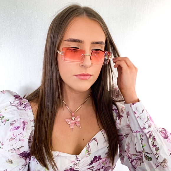 Vintage Rimless Rectangle Pink Tinted Lens Gold Metal Frameless Sunglasses - Picture 1 of 5